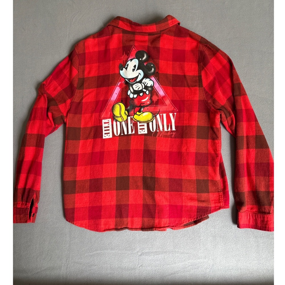 Disney Mickey Mouse Flannel Women 1X Red Excellent Buffalo Plaid Graphic Shirt